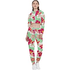 Retro 1960s Flowers Pattern Cropped Zip Up Lounge Set