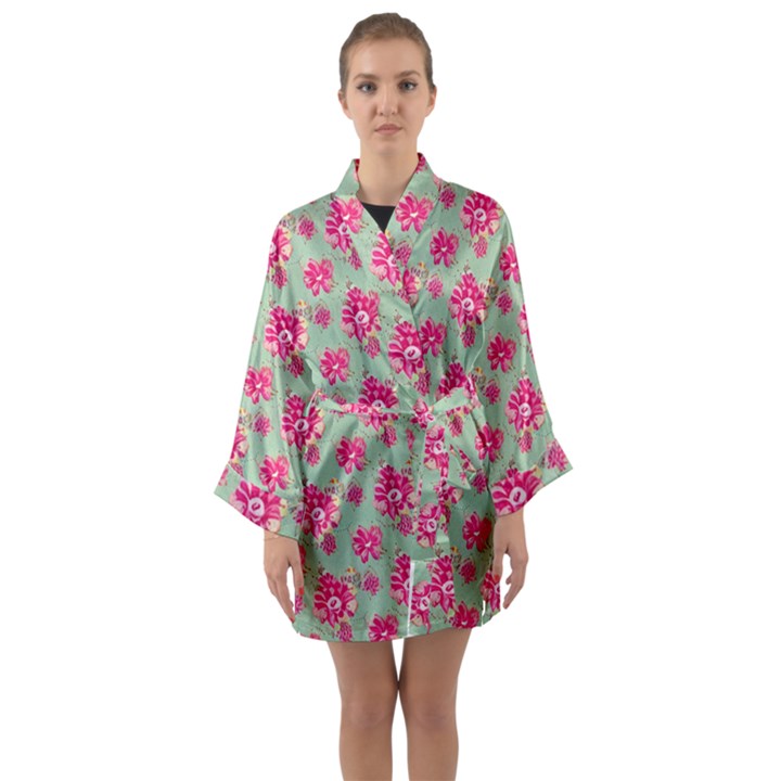 Retro 1880s Flowers Pattern 11 Long Sleeve Satin Kimono