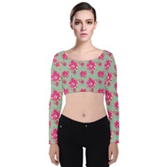 Retro 1880s Flowers Pattern 11 Velvet Long Sleeve Crop Top