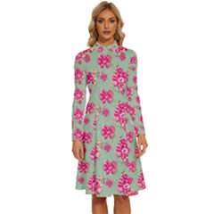 Retro 1880s Flowers Pattern 11 Long Sleeve Shirt Collar A-line Dress