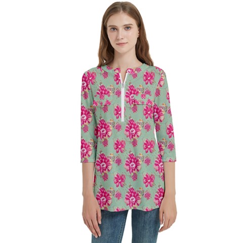 Retro 1880s Flowers Pattern 11 Women s Zip Front V-neck 3/4 Sleeve Casual Top Pocket Shirt by violetheavensky