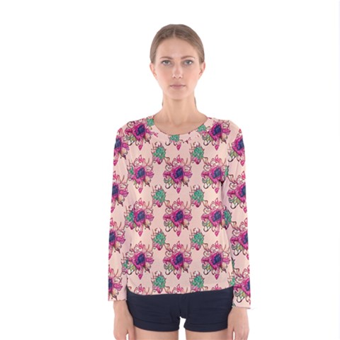 Retro 1880s Flowers Pattern 10 Women s Long Sleeve T-shirt by violetheavensky