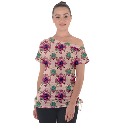 Retro 1880s Flowers Pattern 10 Off Shoulder Tie-up T-shirt by patterns123