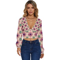 Retro 1880s Flowers Pattern 10 Long Sleeve Deep-v Velour Top