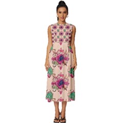 Retro 1880s Flowers Pattern 10 Sleeveless Round Neck Midi Dress