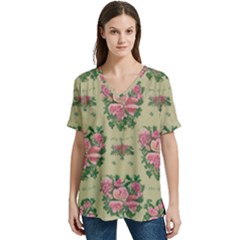 Retro 1880s Flowers Pattern 9 V-neck Split Shoulder Casual T-shirt by patterns123