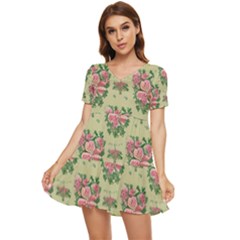 Retro 1880s Flowers Pattern 9 Tiered Short Sleeve Babydoll Dress