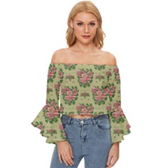 Retro 1880s Flowers Pattern 9 Off Shoulder Flutter Bell Sleeve Top