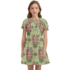 Retro 1880s Flowers Pattern 9 Kids  Bow Tie Puff Sleeve Dress