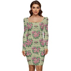 Retro 1880s Flowers Pattern 9 Women Long Sleeve Ruched Stretch Jersey Dress