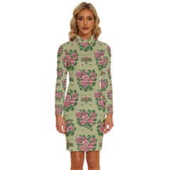 Retro 1880s Flowers Pattern 9 Long Sleeve Shirt Collar Bodycon Dress