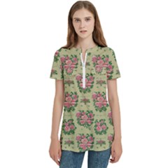 Retro 1880s Flowers Pattern 9 Women s Zip Front V-neck Short Sleeve Casual Top Pocket Shirt