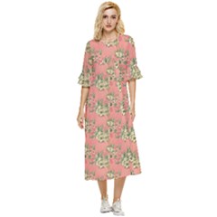 Retro 1880s Flowers Pattern 12 Double Cuff Midi Dress