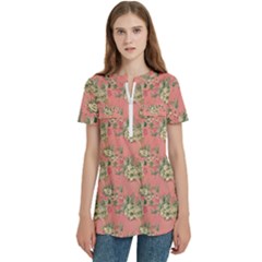 Retro 1880s Flowers Pattern 12 Women s Zip Front V-neck Short Sleeve Casual Top Pocket Shirt