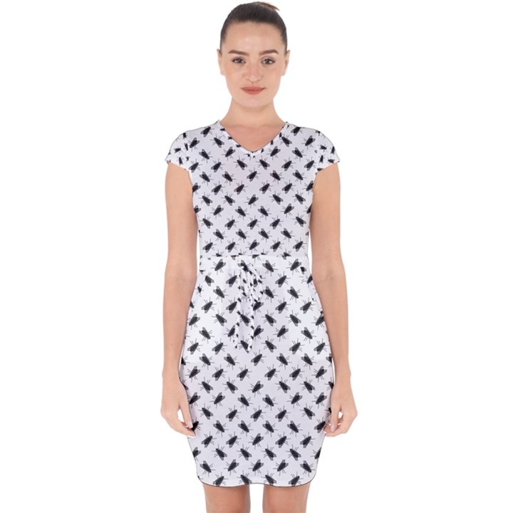 Fly Phot Motif Seamless Black And White Pattern Capsleeve Drawstring Dress 