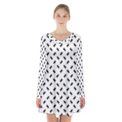 Fly Phot Motif Seamless Black And White Pattern Long Sleeve Velvet V-neck Dress