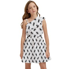 Fly Phot Motif Seamless Black And White Pattern Kids  One Shoulder Party Dress