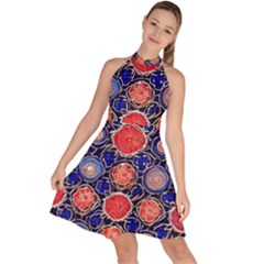 Retro Geometric Shapes And Flowers 3 Sleeveless Halter Neck A-line Dress by violetheavensky