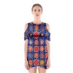 Retro Geometric Shapes And Flowers 3 Shoulder Cutout One Piece Dress