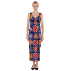 Retro Geometric Shapes And Flowers 3 Fitted Maxi Dress