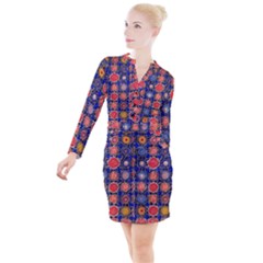 Retro Geometric Shapes And Flowers 3 Button Long Sleeve Dress by violetheavensky