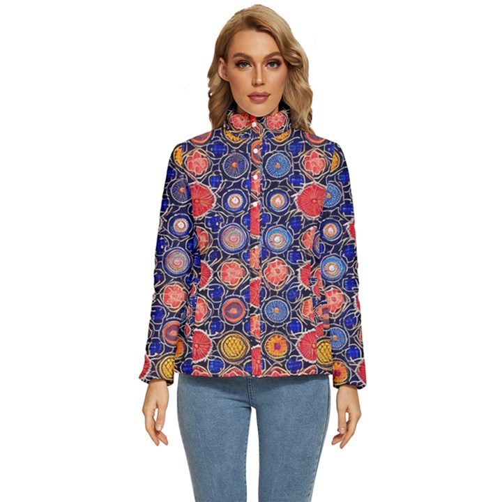 Retro Geometric Shapes And Flowers 3 Women s Puffer Bubble Jacket Coat