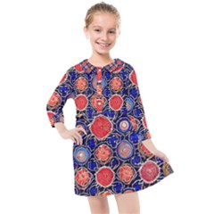 Retro Geometric Shapes And Flowers 3 Kids  Quarter Sleeve Shirt Dress