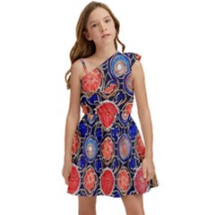 Retro Geometric Shapes And Flowers 3 Kids  One Shoulder Party Dress