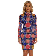 Retro Geometric Shapes And Flowers 3 Long Sleeve Shirt Collar Bodycon Dress by violetheavensky