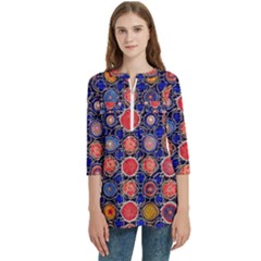 Retro Geometric Shapes And Flowers 3 Women s Zip Front V-neck 3/4 Sleeve Casual Top Pocket Shirt