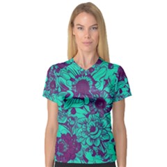 Mid Century Retro Floral 1970s 1960s Pattern 101 V-neck Sport Mesh T-shirt