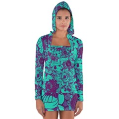 Mid Century Retro Floral 1970s 1960s Pattern 101 Long Sleeve Hooded T-shirt