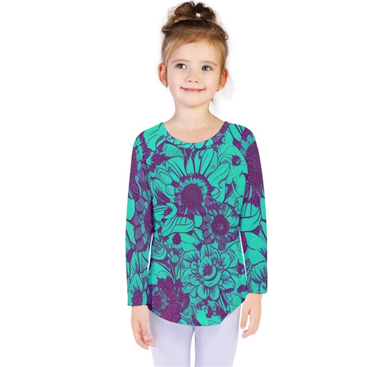 Mid Century Retro Floral 1970s 1960s Pattern 101 Kids  Long Sleeve T-Shirt