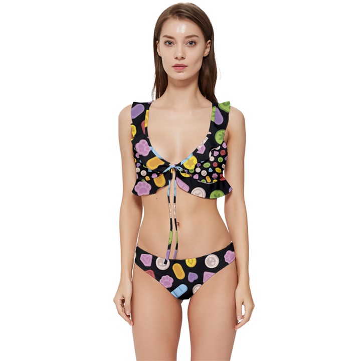 Ecstasy pills pattern Low Cut Ruffle Edge Bikini Set