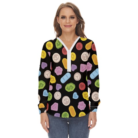 Ecstasy Pills Pattern Zip Up Long Sleeve Blouse by Valentinaart