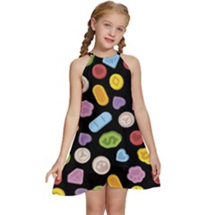 Ecstasy Pills Pattern Kids  Halter Collar Waist Tie Chiffon Dress