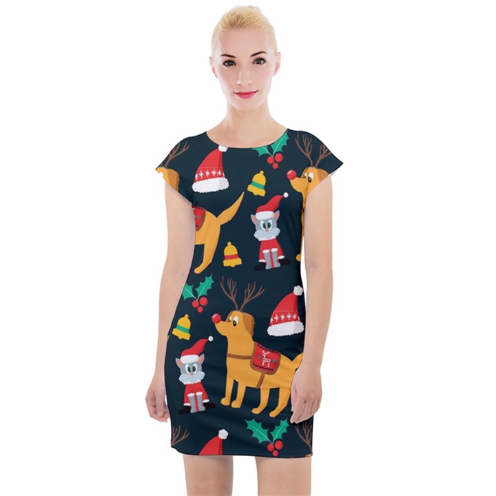 Funny Christmas Pattern Background Cap Sleeve Bodycon Dress