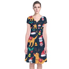 Funny Christmas Pattern Background Short Sleeve Front Wrap Dress