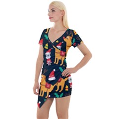 Funny Christmas Pattern Background Short Sleeve Asymmetric Mini Dress