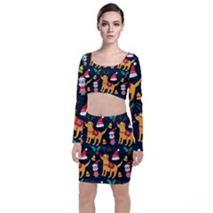 Funny Christmas Pattern Background Long Sleeve Crop Top & Bodycon Skirt Set