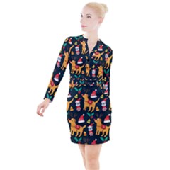 Funny Christmas Pattern Background Button Long Sleeve Dress