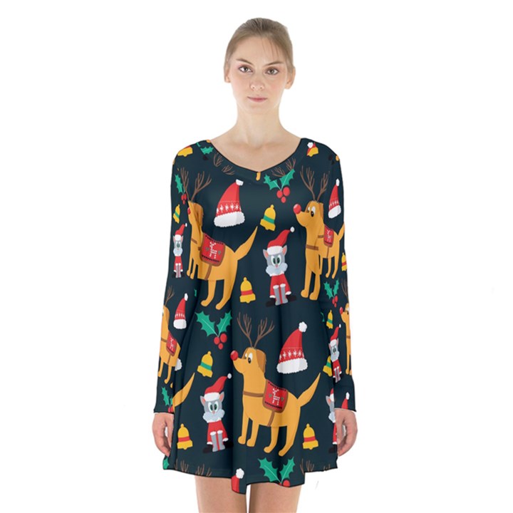 Funny Christmas Pattern Background Long Sleeve Velvet V-neck Dress