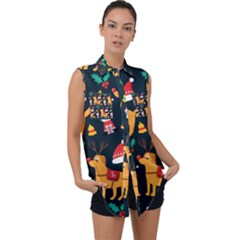 Funny Christmas Pattern Background Sleeveless Chiffon Button Shirt