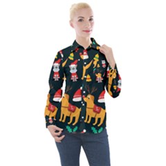 Funny Christmas Pattern Background Women s Long Sleeve Pocket Shirt