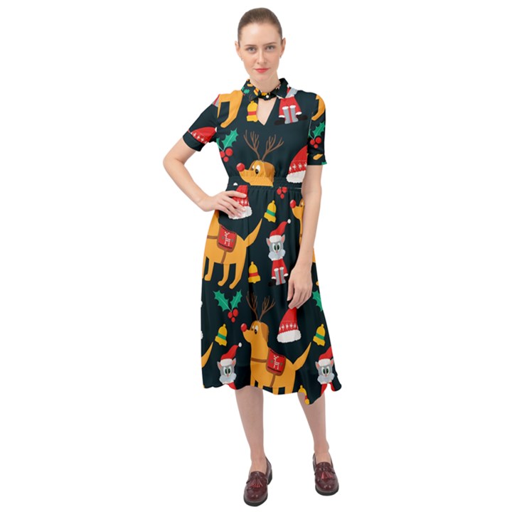 Funny Christmas Pattern Background Keyhole Neckline Chiffon Dress