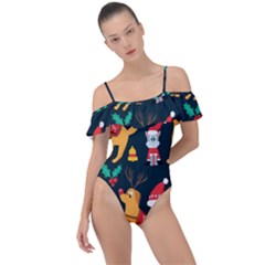 Funny Christmas Pattern Background Frill Detail One Piece Swimsuit