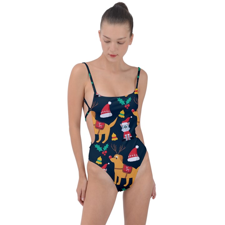 Funny Christmas Pattern Background Tie Strap One Piece Swimsuit