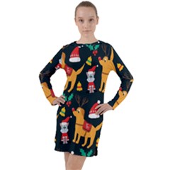 Funny Christmas Pattern Background Long Sleeve Hoodie Dress