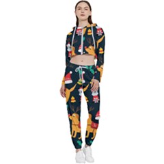 Funny Christmas Pattern Background Cropped Zip Up Lounge Set