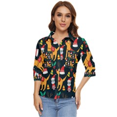 Funny Christmas Pattern Background Women s Quarter Sleeve Pocket Shirt